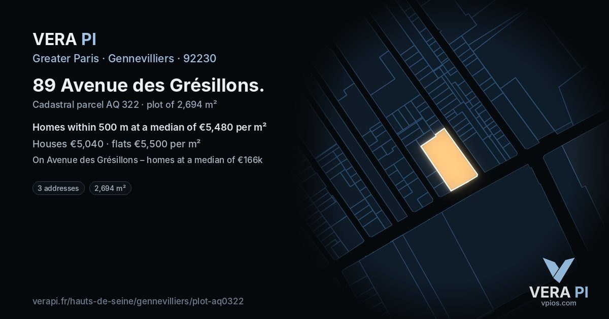 89 Avenue des Grésillons, Gennevilliers at night – the plot lit, the parcels around coloured by the prices near them