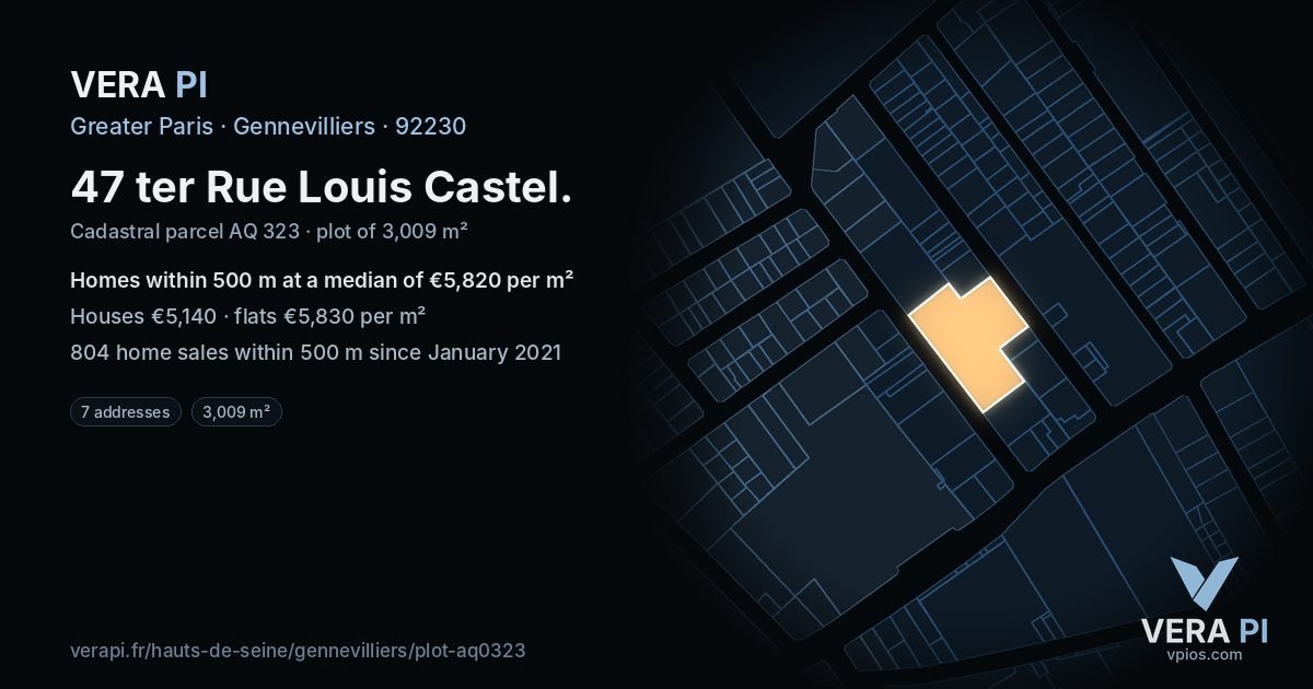 47 ter Rue Louis Castel, Gennevilliers at night – the plot lit, the parcels around coloured by the prices near them