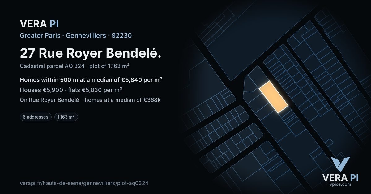 27 Rue Royer Bendelé, Gennevilliers at night – the plot lit, the parcels around coloured by the prices near them