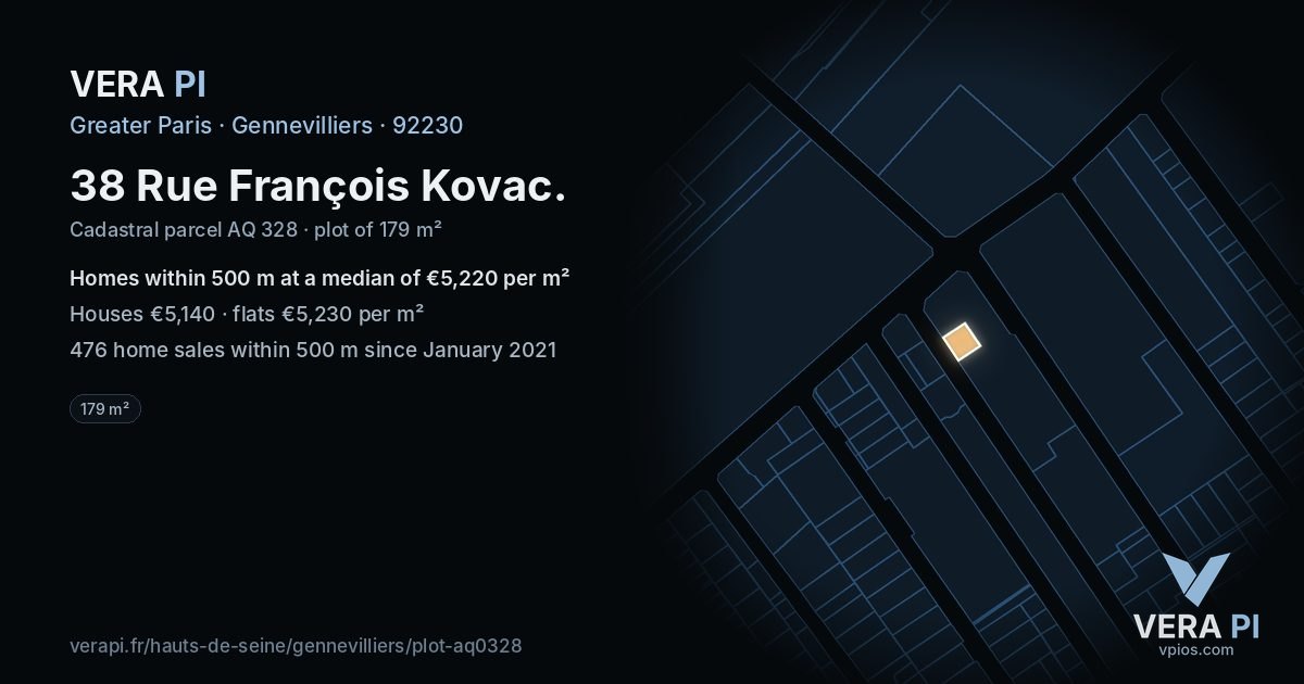 38 Rue François Kovac, Gennevilliers at night – the plot lit, the parcels around coloured by the prices near them