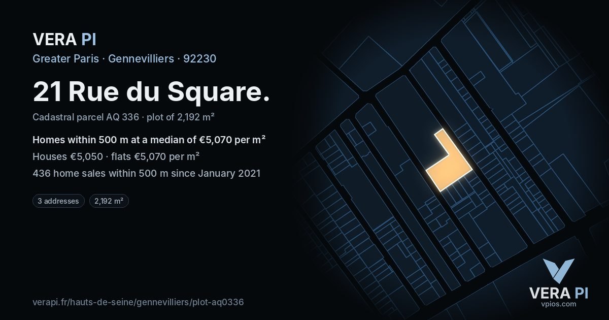 21 Rue du Square, Gennevilliers at night – the plot lit, the parcels around coloured by the prices near them