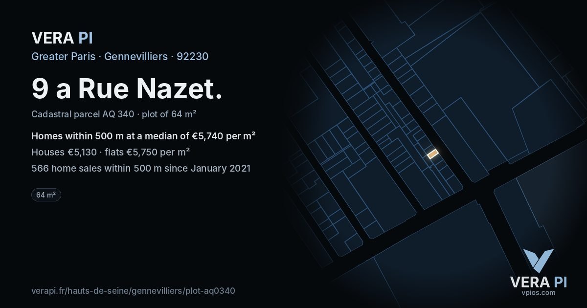 9 a Rue Nazet, Gennevilliers at night – the plot lit, the parcels around coloured by the prices near them