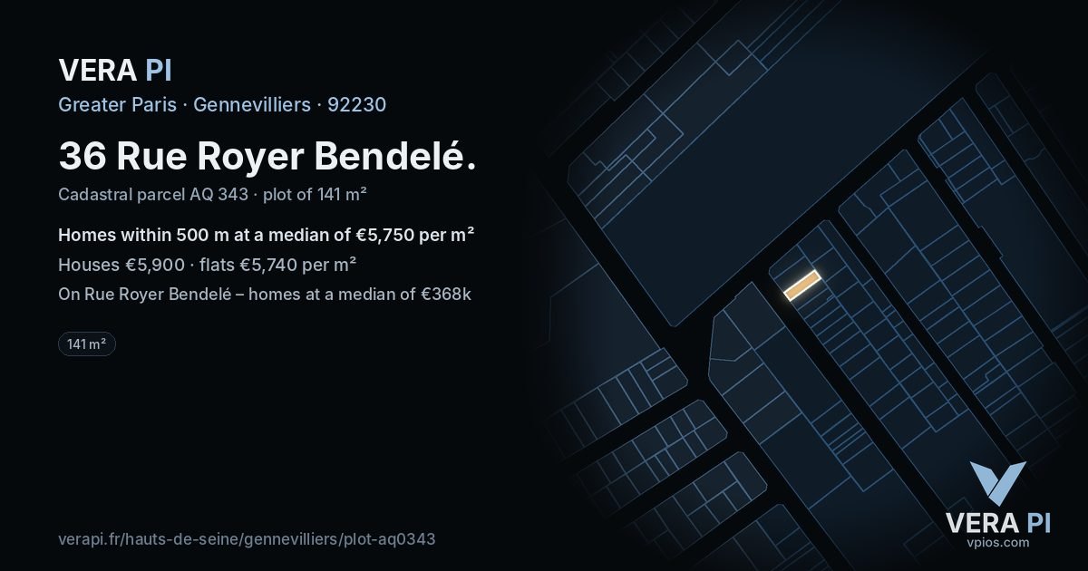 36 Rue Royer Bendelé, Gennevilliers at night – the plot lit, the parcels around coloured by the prices near them