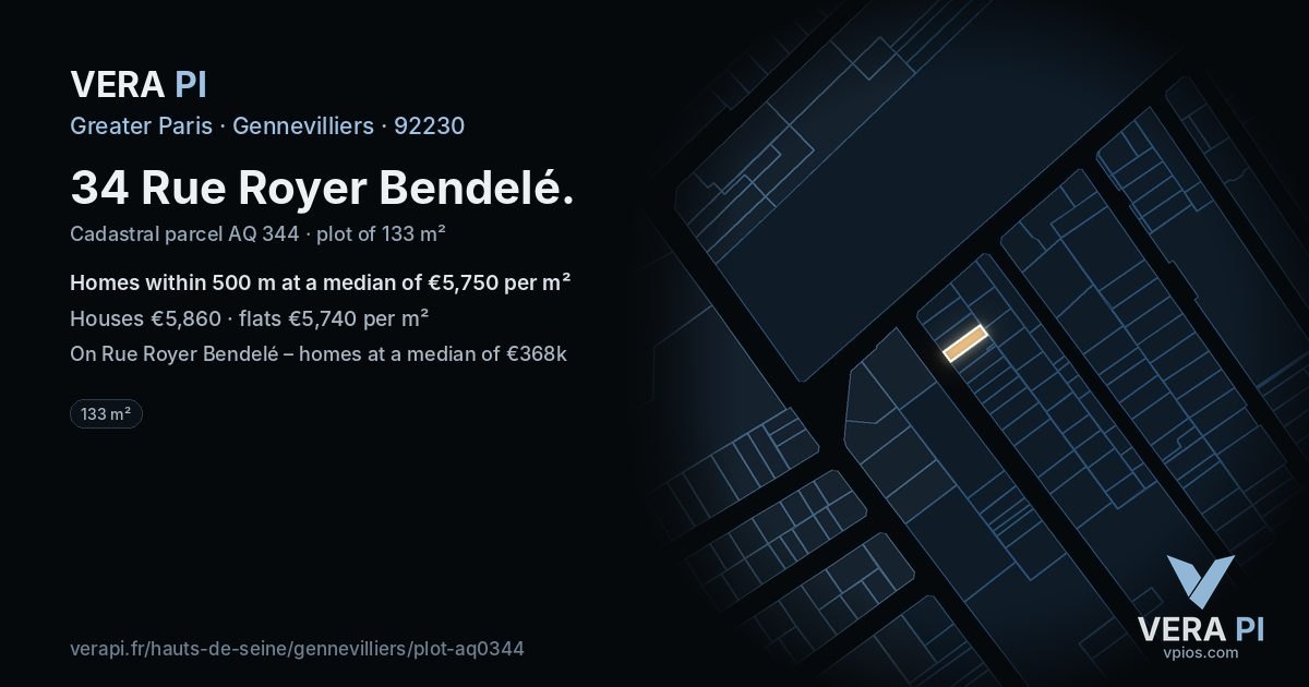 34 Rue Royer Bendelé, Gennevilliers at night – the plot lit, the parcels around coloured by the prices near them