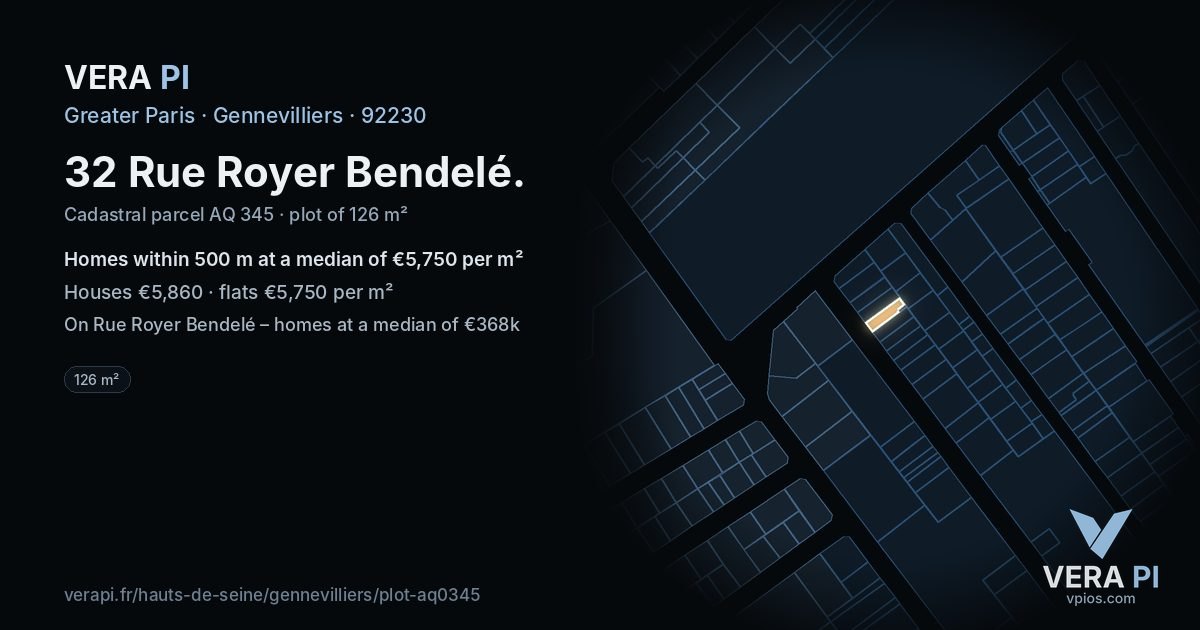 32 Rue Royer Bendelé, Gennevilliers at night – the plot lit, the parcels around coloured by the prices near them