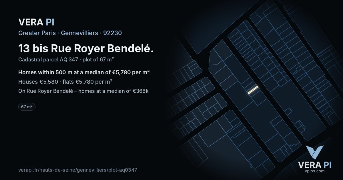 13 bis Rue Royer Bendelé, Gennevilliers at night – the plot lit, the parcels around coloured by the prices near them