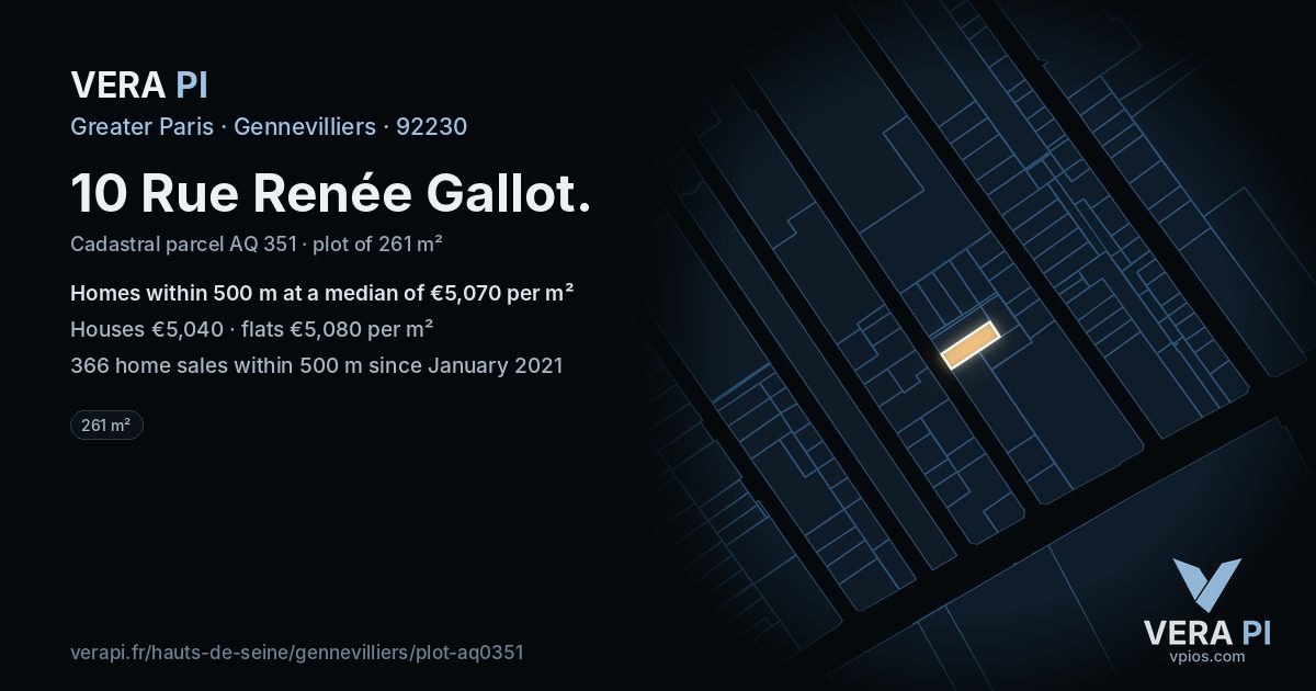 10 Rue Renée Gallot, Gennevilliers at night – the plot lit, the parcels around coloured by the prices near them