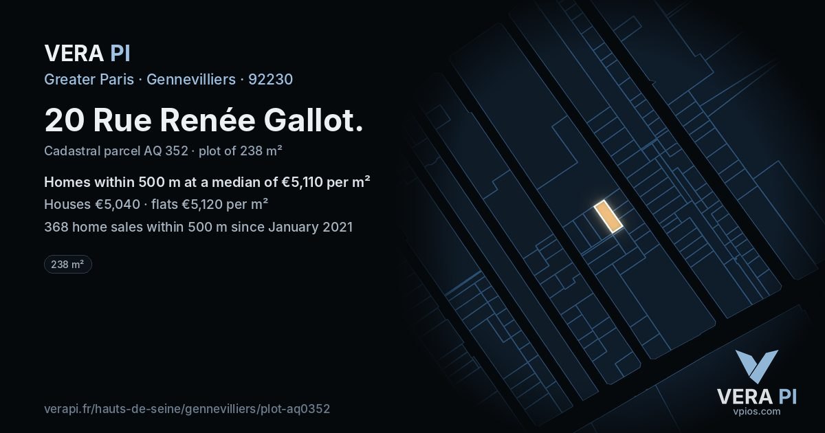 20 Rue Renée Gallot, Gennevilliers at night – the plot lit, the parcels around coloured by the prices near them