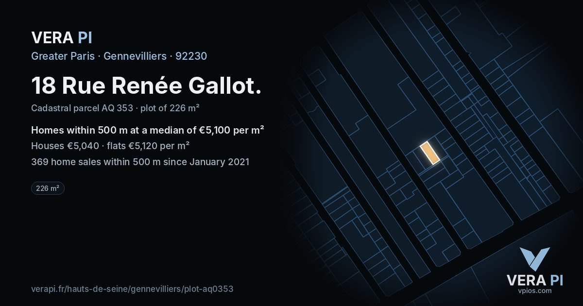 18 Rue Renée Gallot, Gennevilliers at night – the plot lit, the parcels around coloured by the prices near them