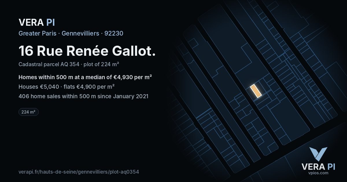 16 Rue Renée Gallot, Gennevilliers at night – the plot lit, the parcels around coloured by the prices near them