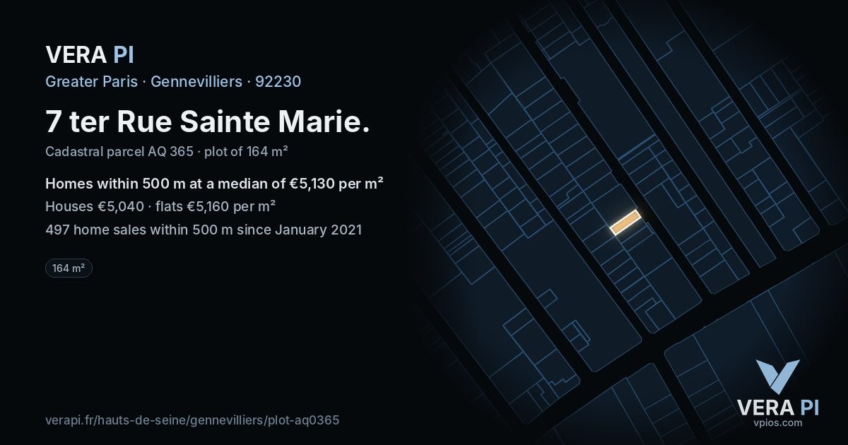 7 ter Rue Sainte Marie, Gennevilliers at night – the plot lit, the parcels around coloured by the prices near them