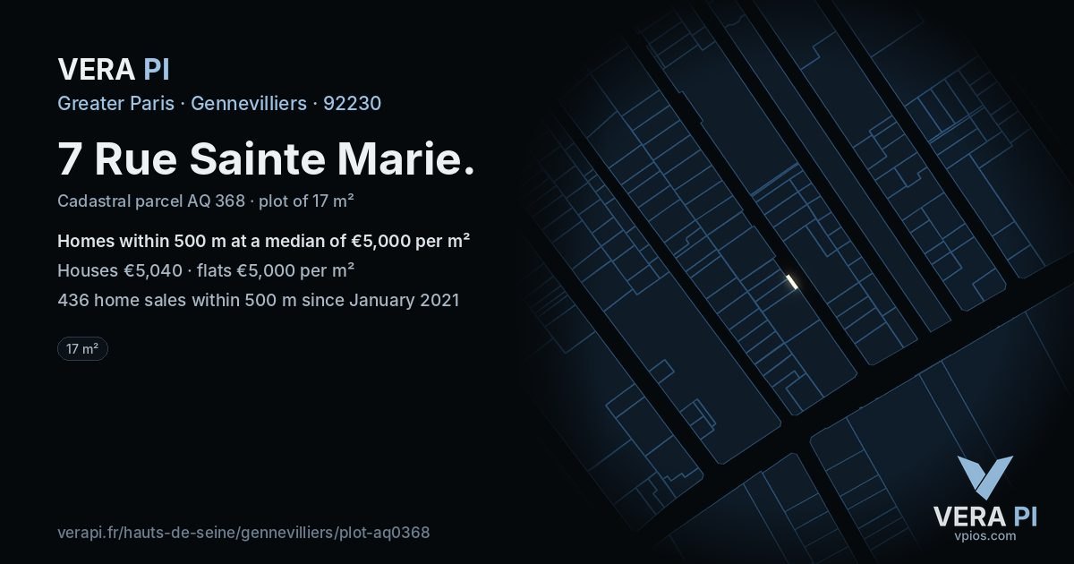 7 Rue Sainte Marie, Gennevilliers at night – the plot lit, the parcels around coloured by the prices near them