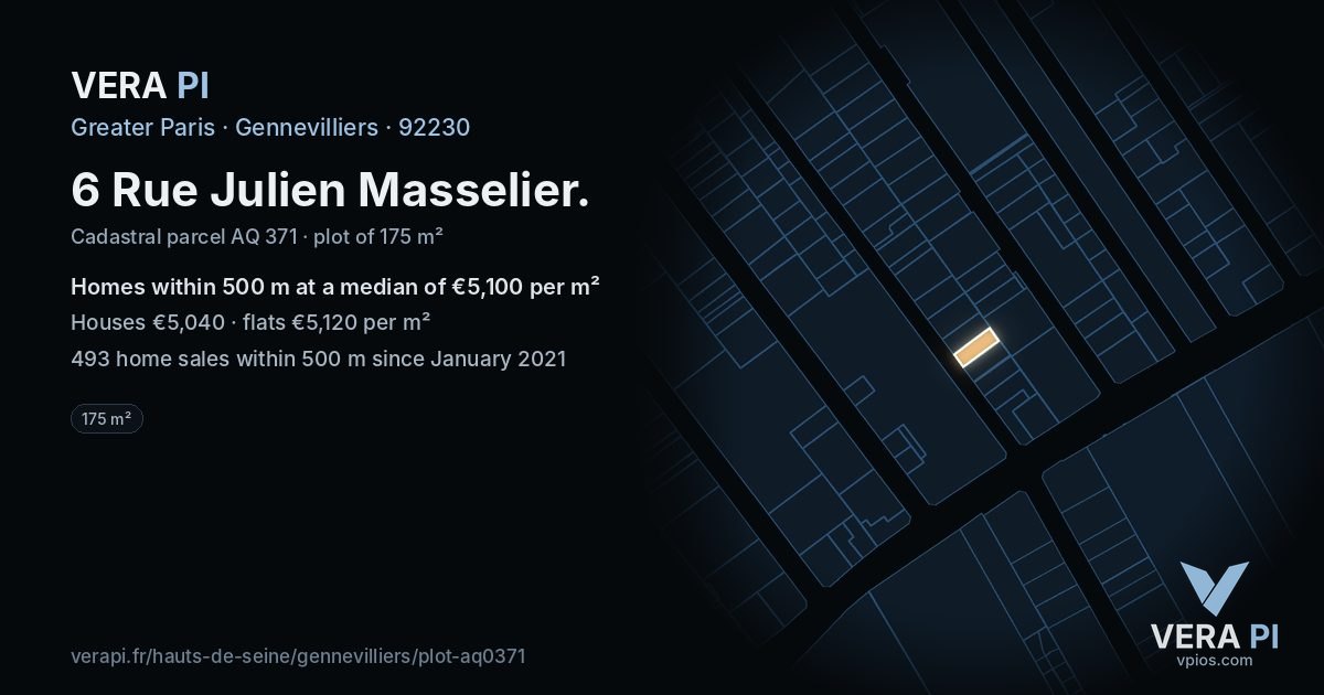 6 Rue Julien Masselier, Gennevilliers at night – the plot lit, the parcels around coloured by the prices near them