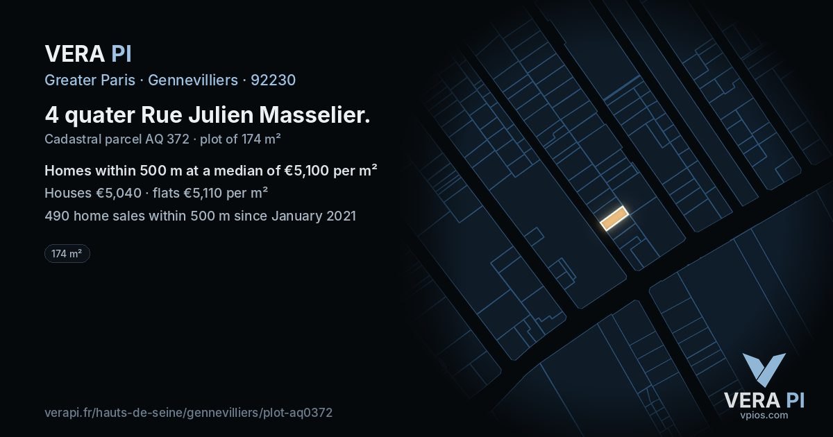 4 quater Rue Julien Masselier, Gennevilliers at night – the plot lit, the parcels around coloured by the prices near them