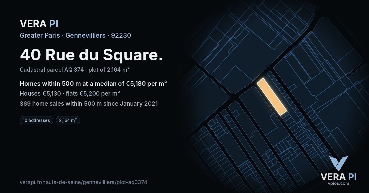 40 Rue du Square, Gennevilliers at night – the plot lit, the parcels around coloured by the prices near them