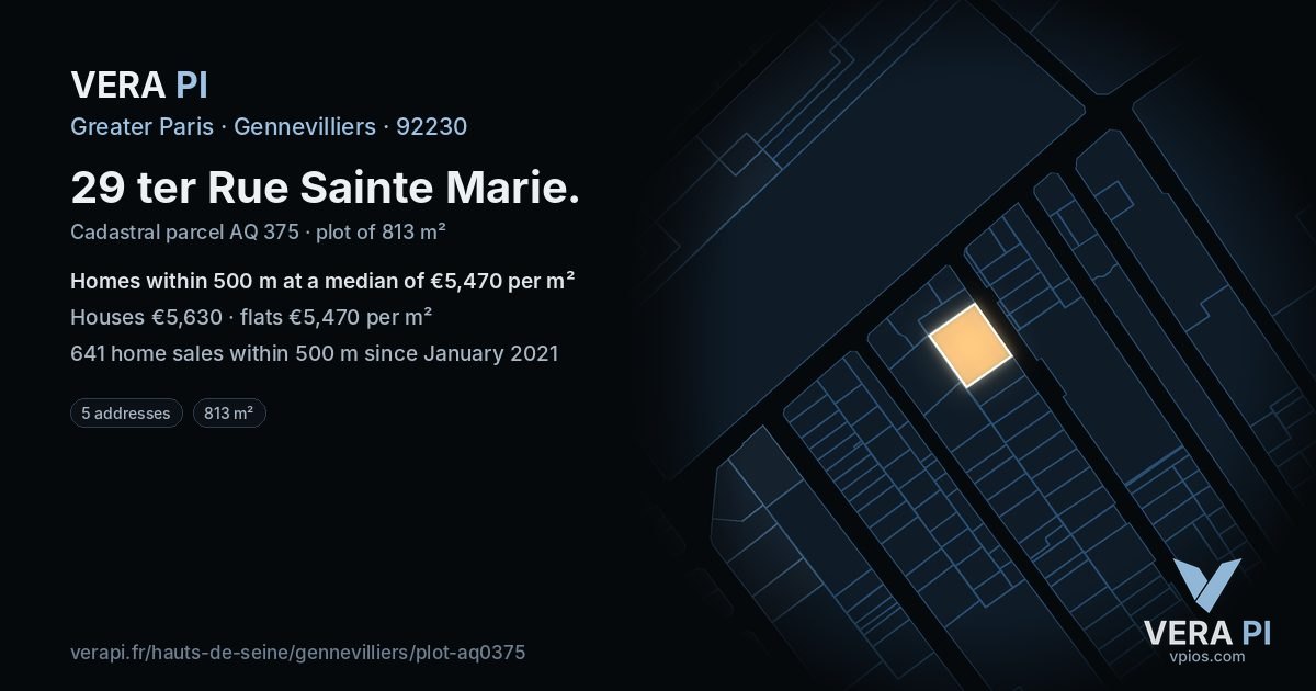 29 ter Rue Sainte Marie, Gennevilliers at night – the plot lit, the parcels around coloured by the prices near them