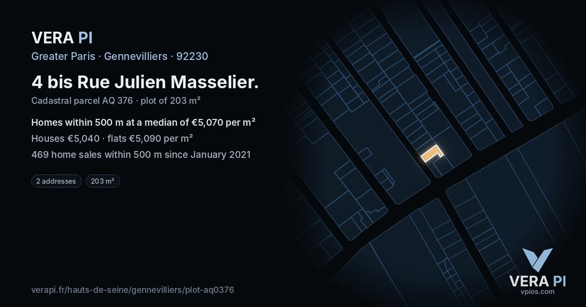 4 bis Rue Julien Masselier, Gennevilliers at night – the plot lit, the parcels around coloured by the prices near them