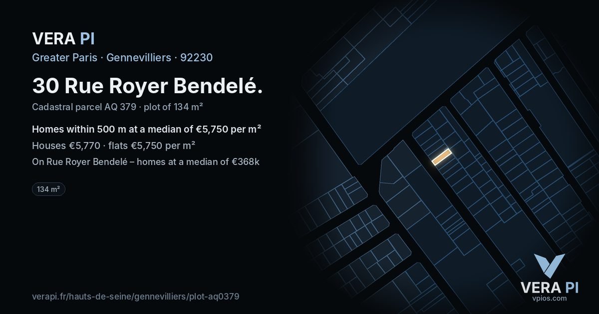 30 Rue Royer Bendelé, Gennevilliers at night – the plot lit, the parcels around coloured by the prices near them
