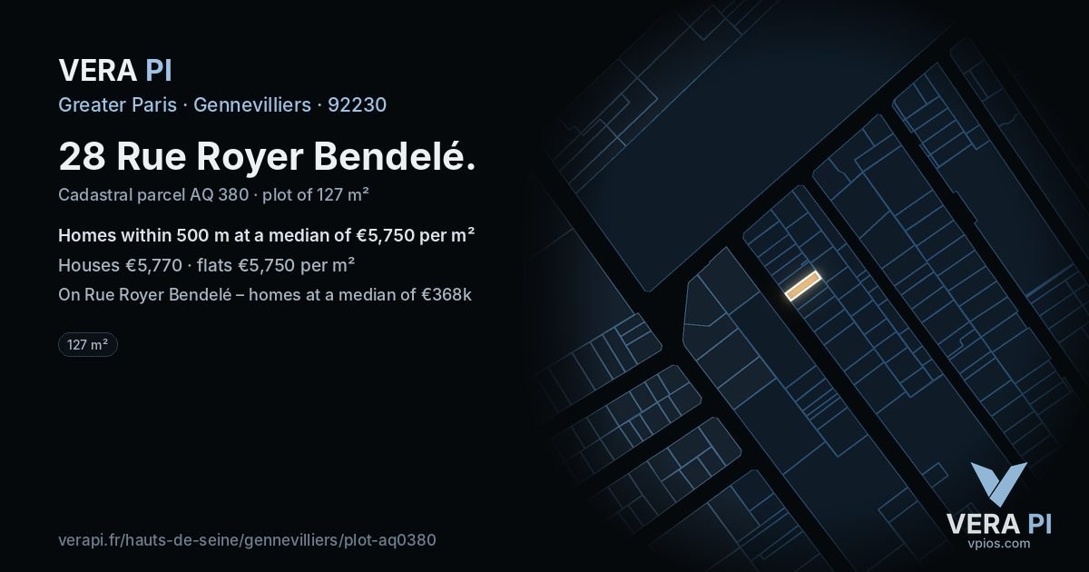28 Rue Royer Bendelé, Gennevilliers at night – the plot lit, the parcels around coloured by the prices near them