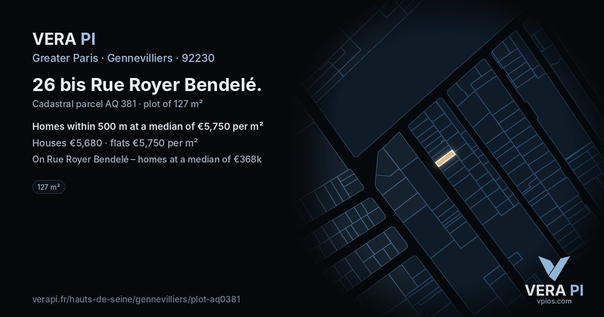 26 bis Rue Royer Bendelé, Gennevilliers at night – the plot lit, the parcels around coloured by the prices near them