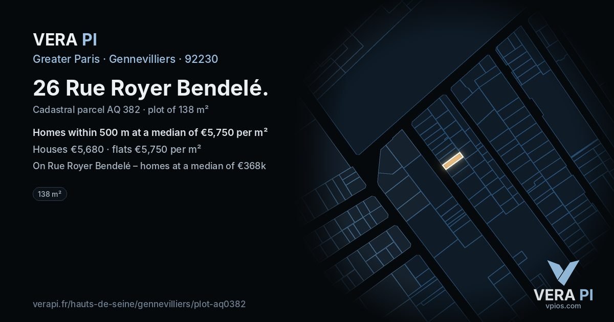 26 Rue Royer Bendelé, Gennevilliers at night – the plot lit, the parcels around coloured by the prices near them