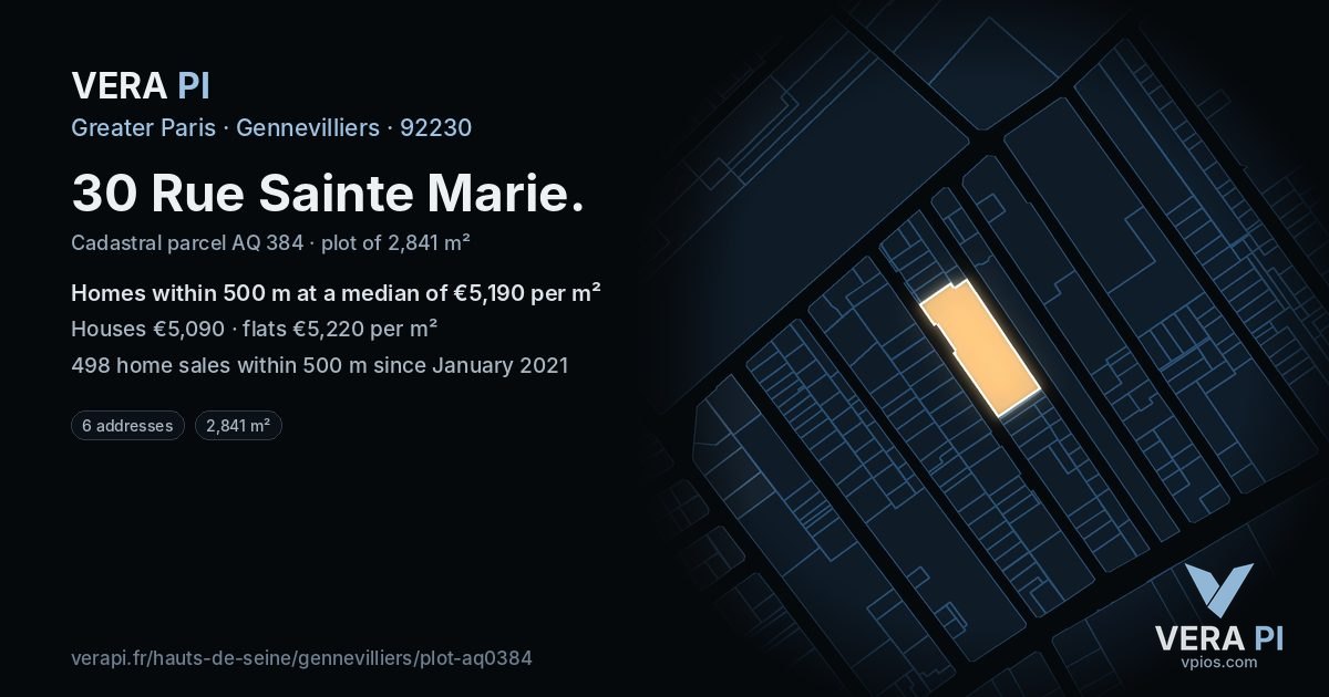30 Rue Sainte Marie, Gennevilliers at night – the plot lit, the parcels around coloured by the prices near them