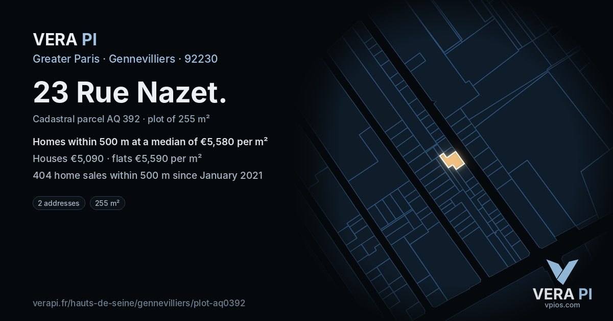 23 Rue Nazet, Gennevilliers at night – the plot lit, the parcels around coloured by the prices near them