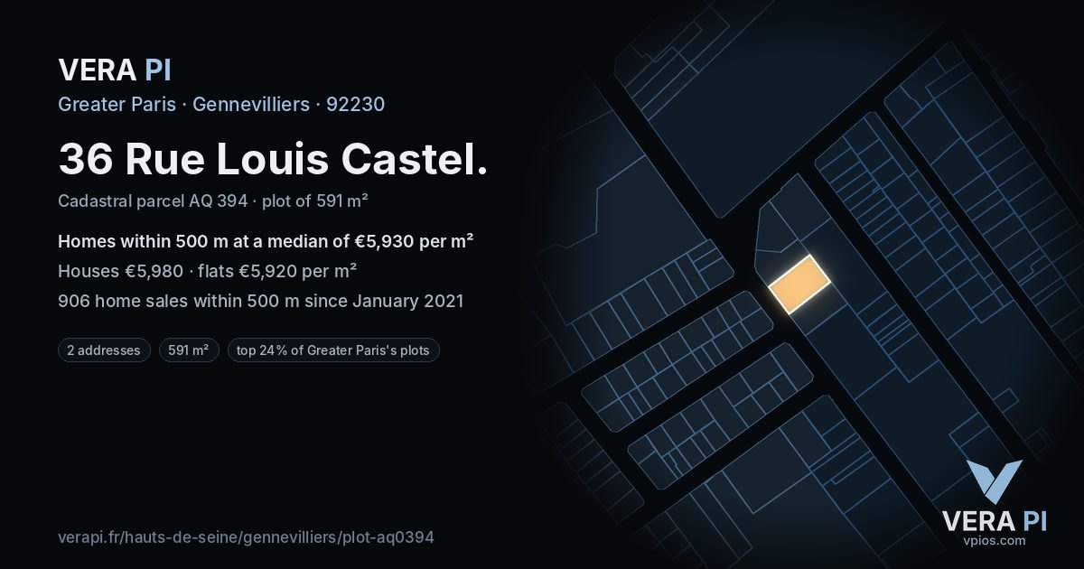 36 Rue Louis Castel, Gennevilliers at night – the plot lit, the parcels around coloured by the prices near them