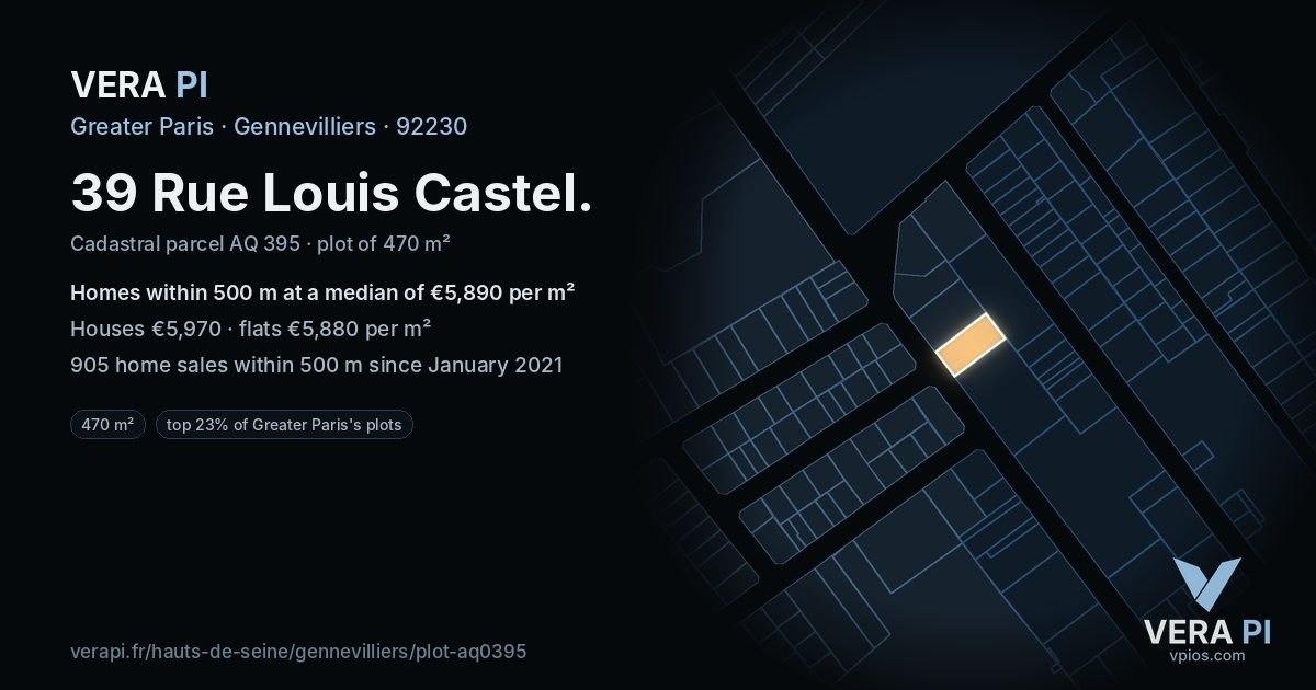 39 Rue Louis Castel, Gennevilliers at night – the plot lit, the parcels around coloured by the prices near them