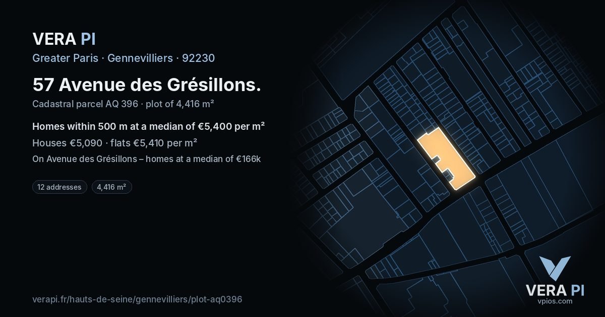 57 Avenue des Grésillons, Gennevilliers at night – the plot lit, the parcels around coloured by the prices near them