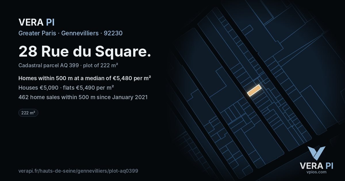 28 Rue du Square, Gennevilliers at night – the plot lit, the parcels around coloured by the prices near them