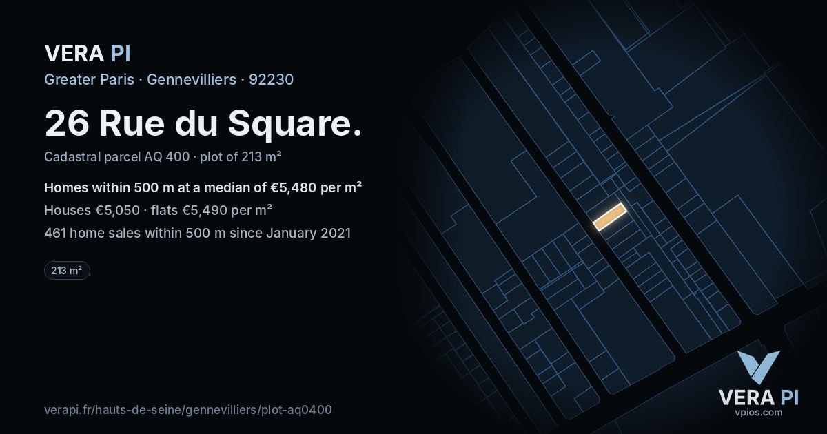 26 Rue du Square, Gennevilliers at night – the plot lit, the parcels around coloured by the prices near them