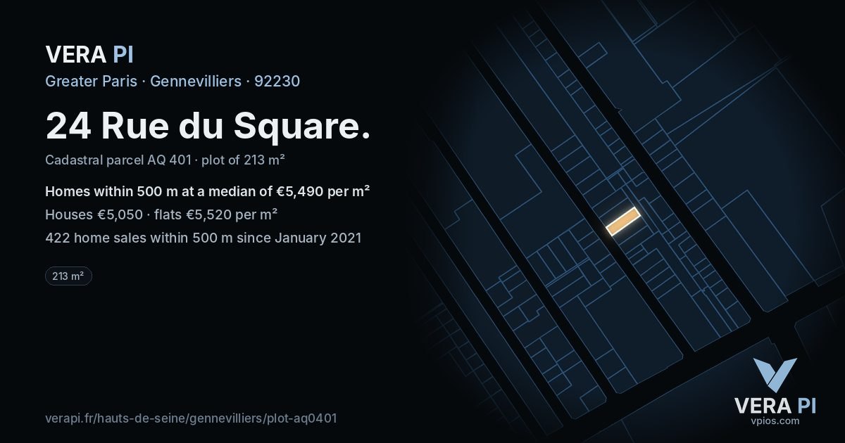 24 Rue du Square, Gennevilliers at night – the plot lit, the parcels around coloured by the prices near them