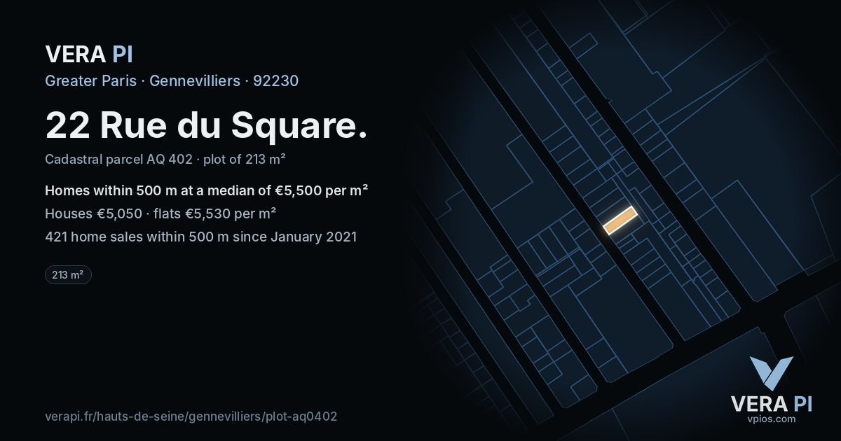 22 Rue du Square, Gennevilliers at night – the plot lit, the parcels around coloured by the prices near them