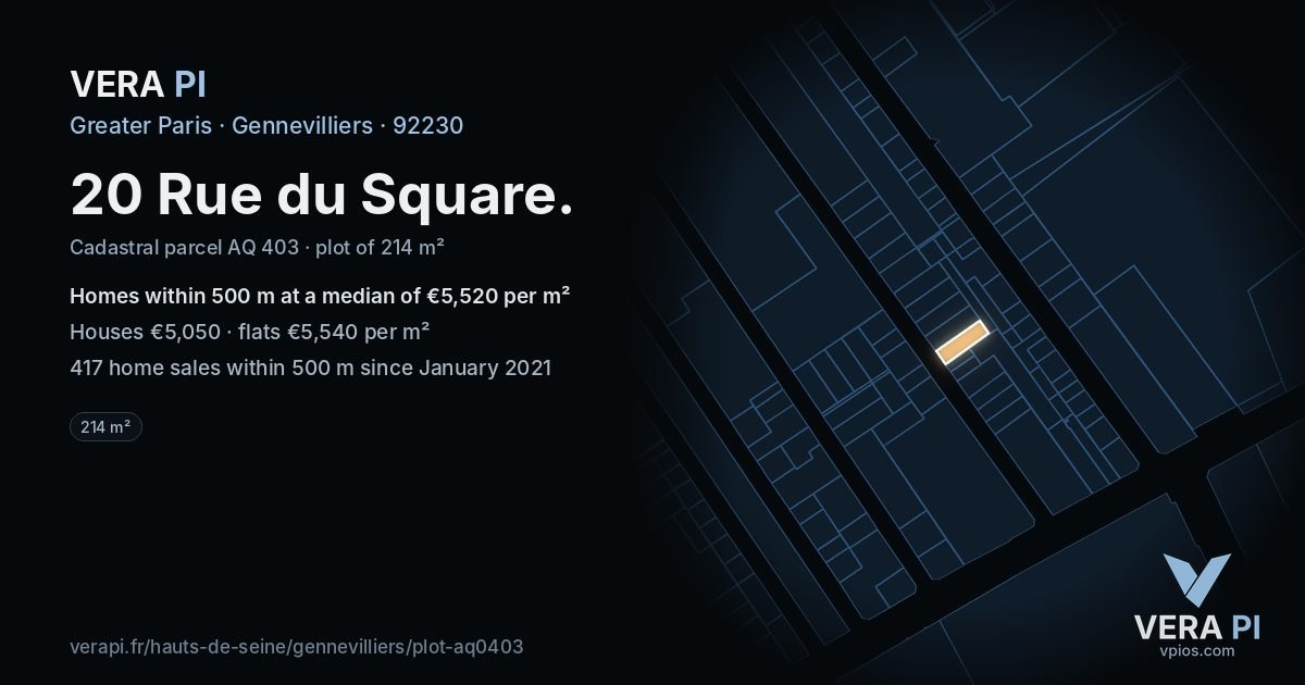 20 Rue du Square, Gennevilliers at night – the plot lit, the parcels around coloured by the prices near them