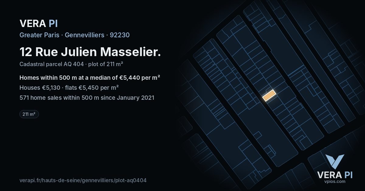 12 Rue Julien Masselier, Gennevilliers at night – the plot lit, the parcels around coloured by the prices near them