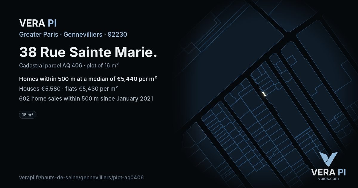 38 Rue Sainte Marie, Gennevilliers at night – the plot lit, the parcels around coloured by the prices near them