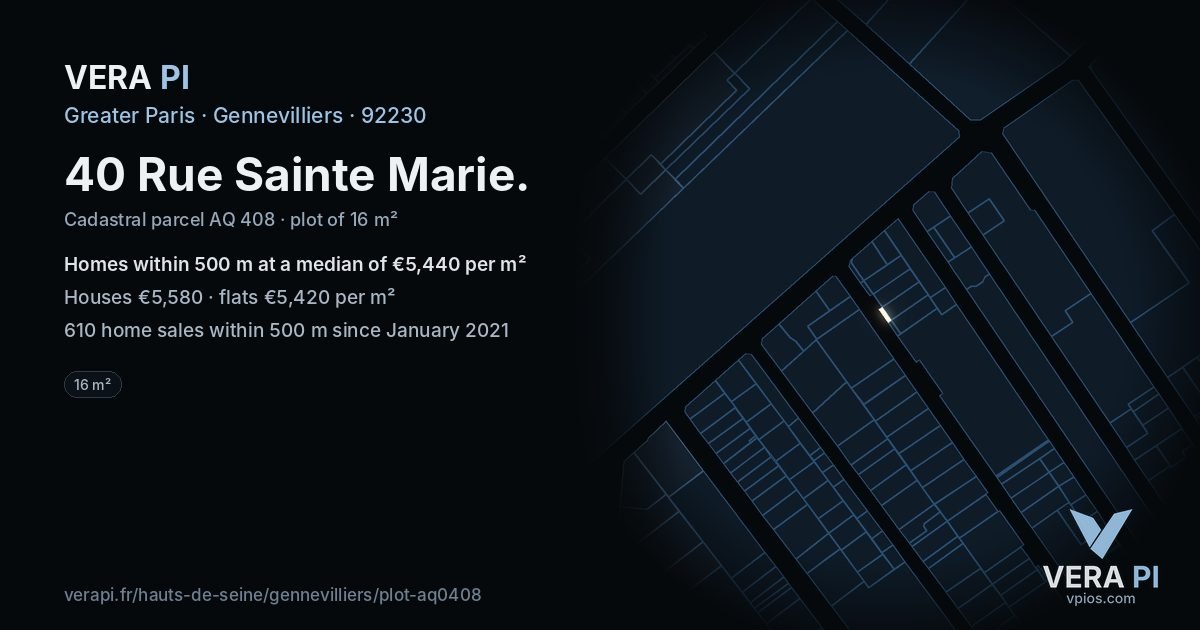 40 Rue Sainte Marie, Gennevilliers at night – the plot lit, the parcels around coloured by the prices near them