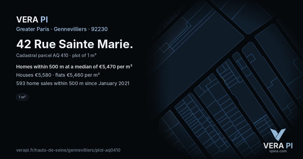 42 Rue Sainte Marie, Gennevilliers at night – the plot lit, the parcels around coloured by the prices near them