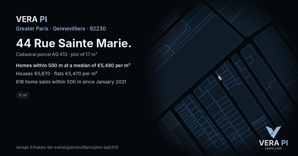 44 Rue Sainte Marie, Gennevilliers at night – the plot lit, the parcels around coloured by the prices near them