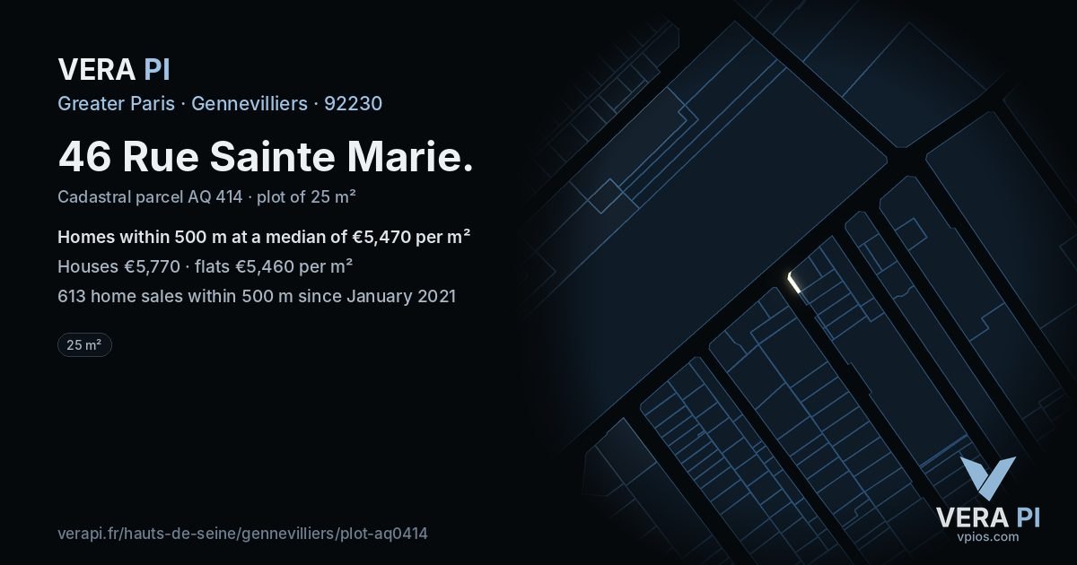 46 Rue Sainte Marie, Gennevilliers at night – the plot lit, the parcels around coloured by the prices near them