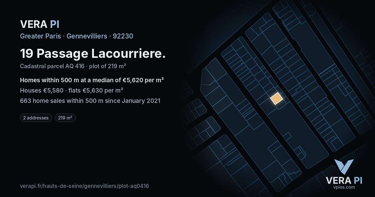 19 Passage Lacourriere, Gennevilliers at night – the plot lit, the parcels around coloured by the prices near them