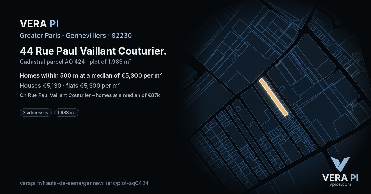 44 Rue Paul Vaillant Couturier, Gennevilliers at night – the plot lit, the parcels around coloured by the prices near them