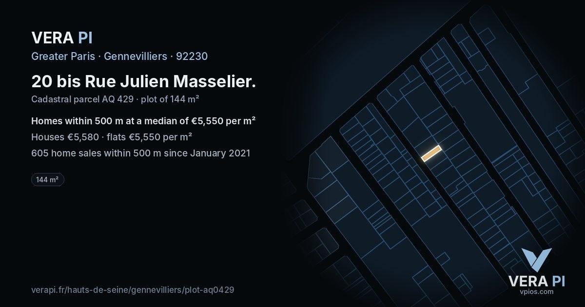 20 bis Rue Julien Masselier, Gennevilliers at night – the plot lit, the parcels around coloured by the prices near them