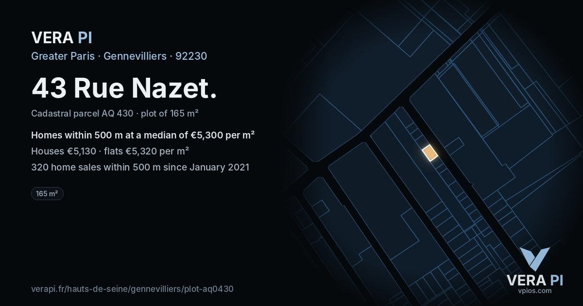 43 Rue Nazet, Gennevilliers at night – the plot lit, the parcels around coloured by the prices near them