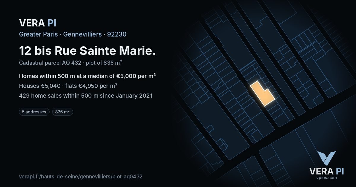 12 bis Rue Sainte Marie, Gennevilliers at night – the plot lit, the parcels around coloured by the prices near them