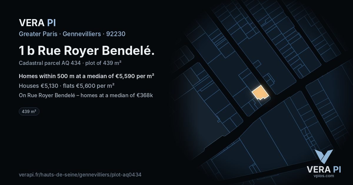 1 b Rue Royer Bendelé, Gennevilliers at night – the plot lit, the parcels around coloured by the prices near them