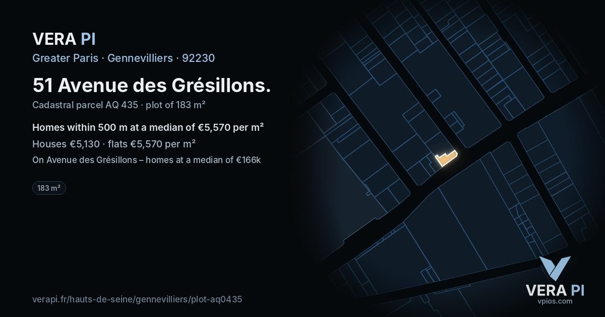 51 Avenue des Grésillons, Gennevilliers at night – the plot lit, the parcels around coloured by the prices near them