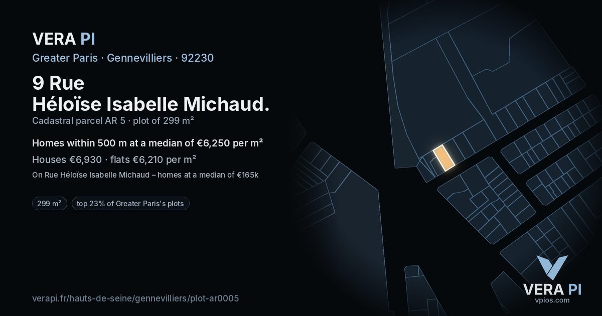 9 Rue Héloïse Isabelle Michaud, Gennevilliers at night – the plot lit, the parcels around coloured by the prices near them