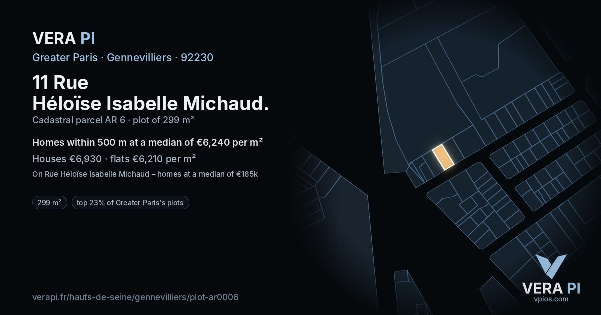 11 Rue Héloïse Isabelle Michaud, Gennevilliers at night – the plot lit, the parcels around coloured by the prices near them